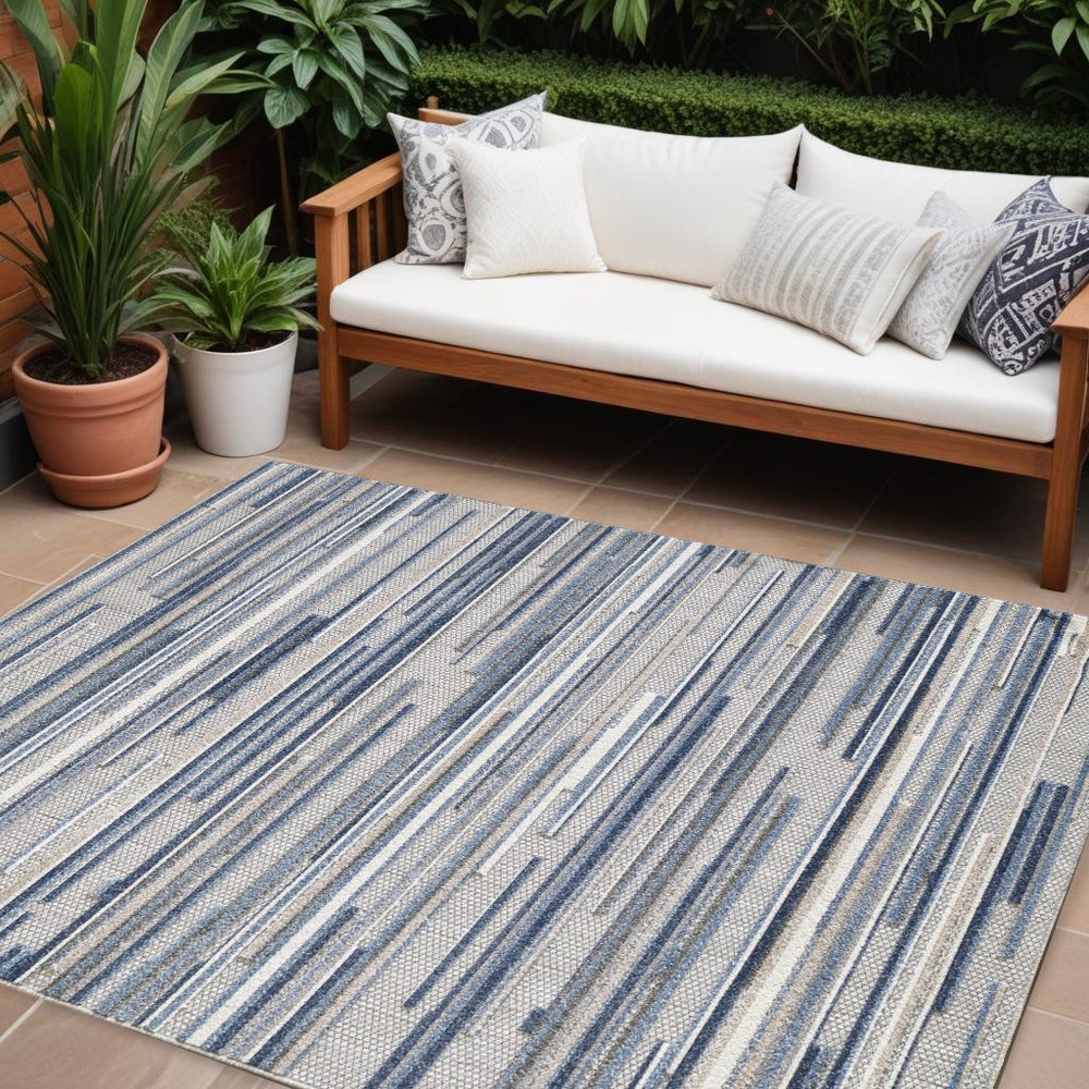 7' X 9' Blue And Gray Abstract Stripe Indoor Outdoor Area Rug HomeRoots
