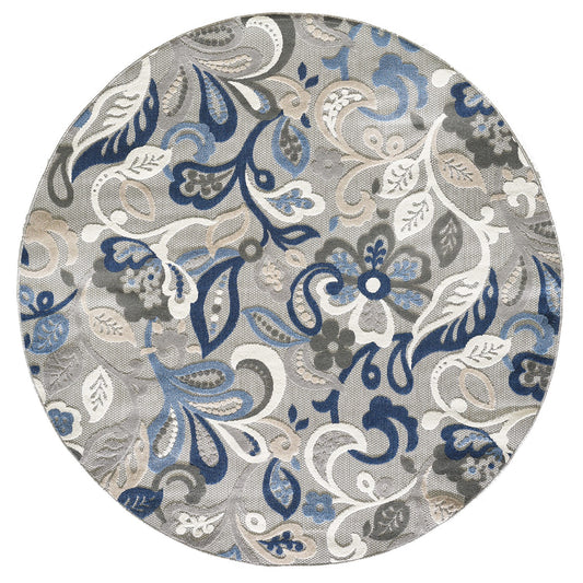 8’ Round Blue Gray Jacobean Floral Indoor Outdoor Area Rug