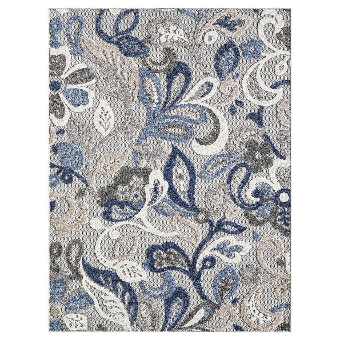 8' X 10' Blue And Gray Floral Stain Resistant Indoor Outdoor Area Rug - 0" (L) x 118" (W) x 94" (H)