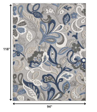 8' X 10' Blue And Gray Floral Stain Resistant Indoor Outdoor Area Rug - 0" (L) x 118" (W) x 94" (H)