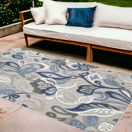 8' X 10' Blue And Gray Floral Stain Resistant Indoor Outdoor Area Rug - 0" (L) x 118" (W) x 94" (H)