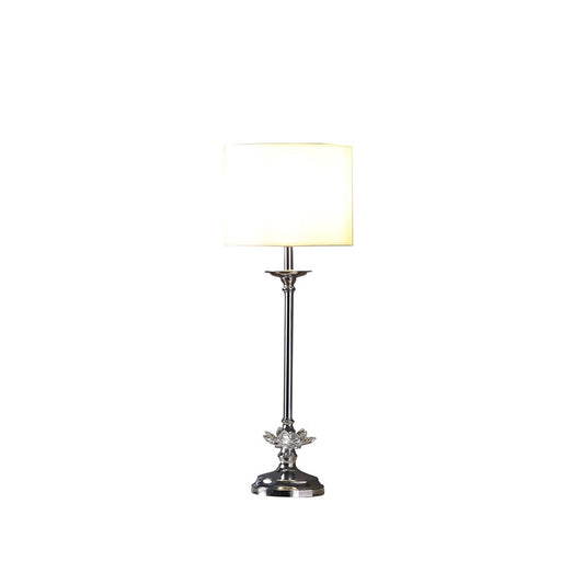 26" Silver Metal And Faux Crystal Table Lamp With White Cylinder Shade