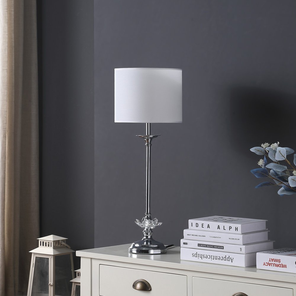 26" Silver Metal And Faux Crystal Table Lamp With White Cylinder Shade HomeRoots