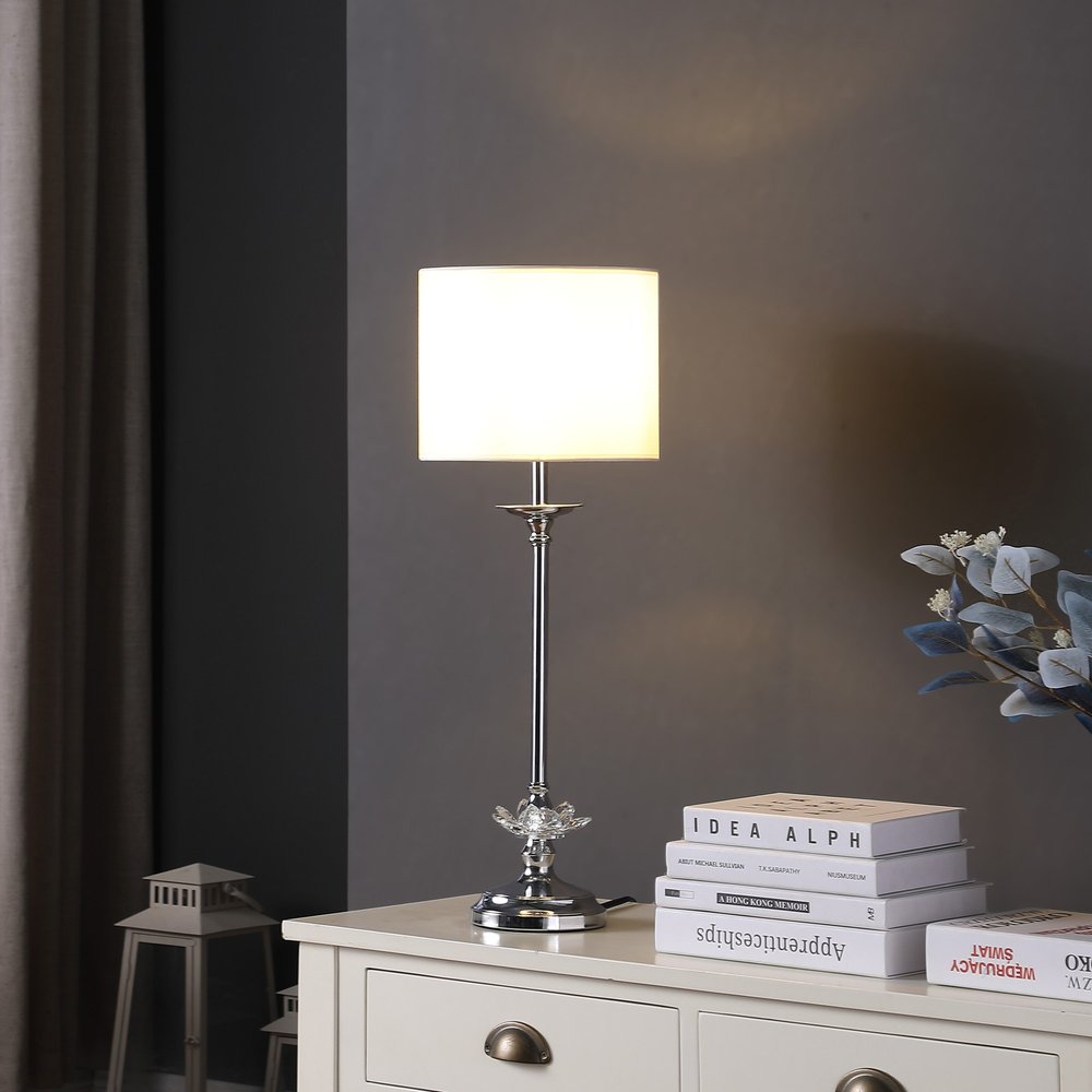 26" Silver Metal And Faux Crystal Table Lamp With White Cylinder Shade HomeRoots