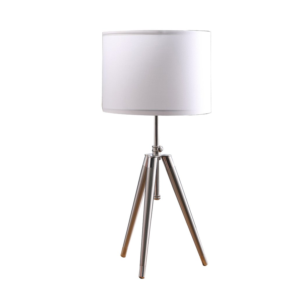 34" Silver Metal Adjustable Tripod Table Lamp With White Round Shade — view 1
