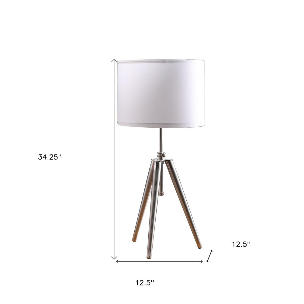 34" Silver Metal Adjustable Tripod Table Lamp With White Round Shade — view 3