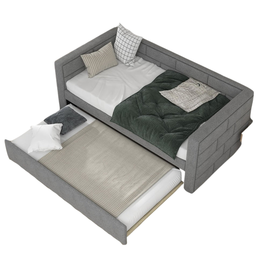 Gray Wood Upholstered Twin Bed Frame with Trundle