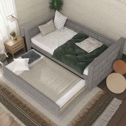 Gray Wood Upholstered Twin Bed Frame with Trundle