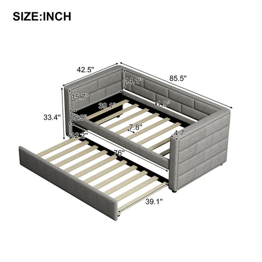 Gray Wood Upholstered Twin Bed Frame with Trundle