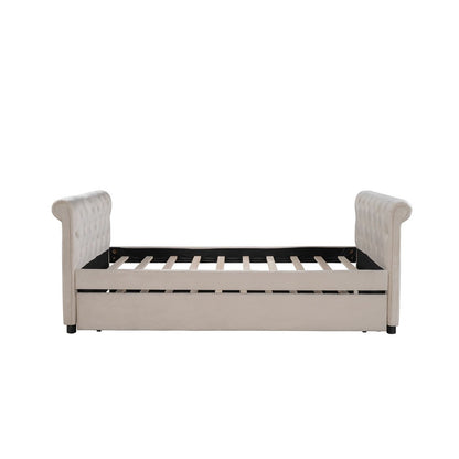 Twin Tufted Beige Upholstered Polyester Blend Bed With Trundle