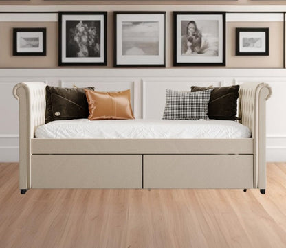 Beige Wood Tufted Upholstered Twin Bed Frame