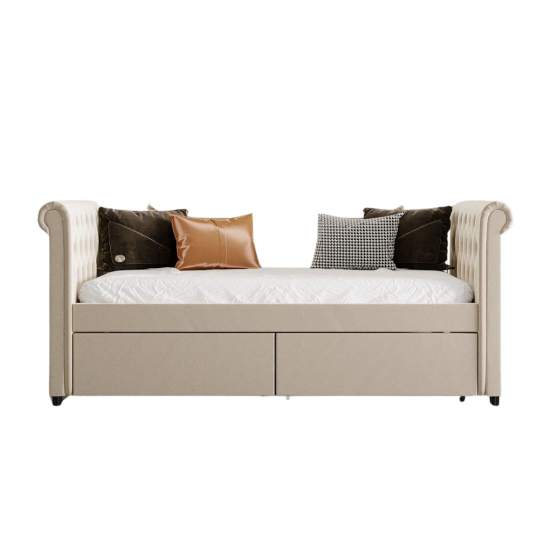 Beige Wood Tufted Upholstered Twin Bed Frame