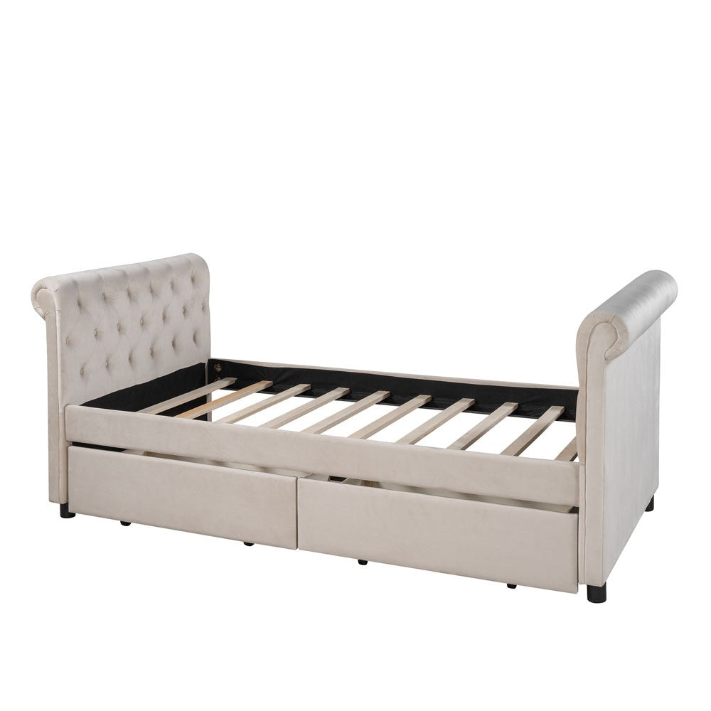 Beige Wood Tufted Upholstered Twin Bed Frame