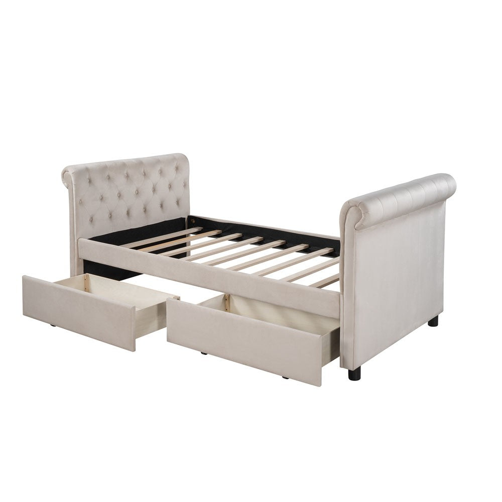 Beige Wood Tufted Upholstered Twin Bed Frame