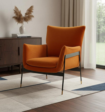 26" Orange And Black Velvet Wingback Chair HomeRoots