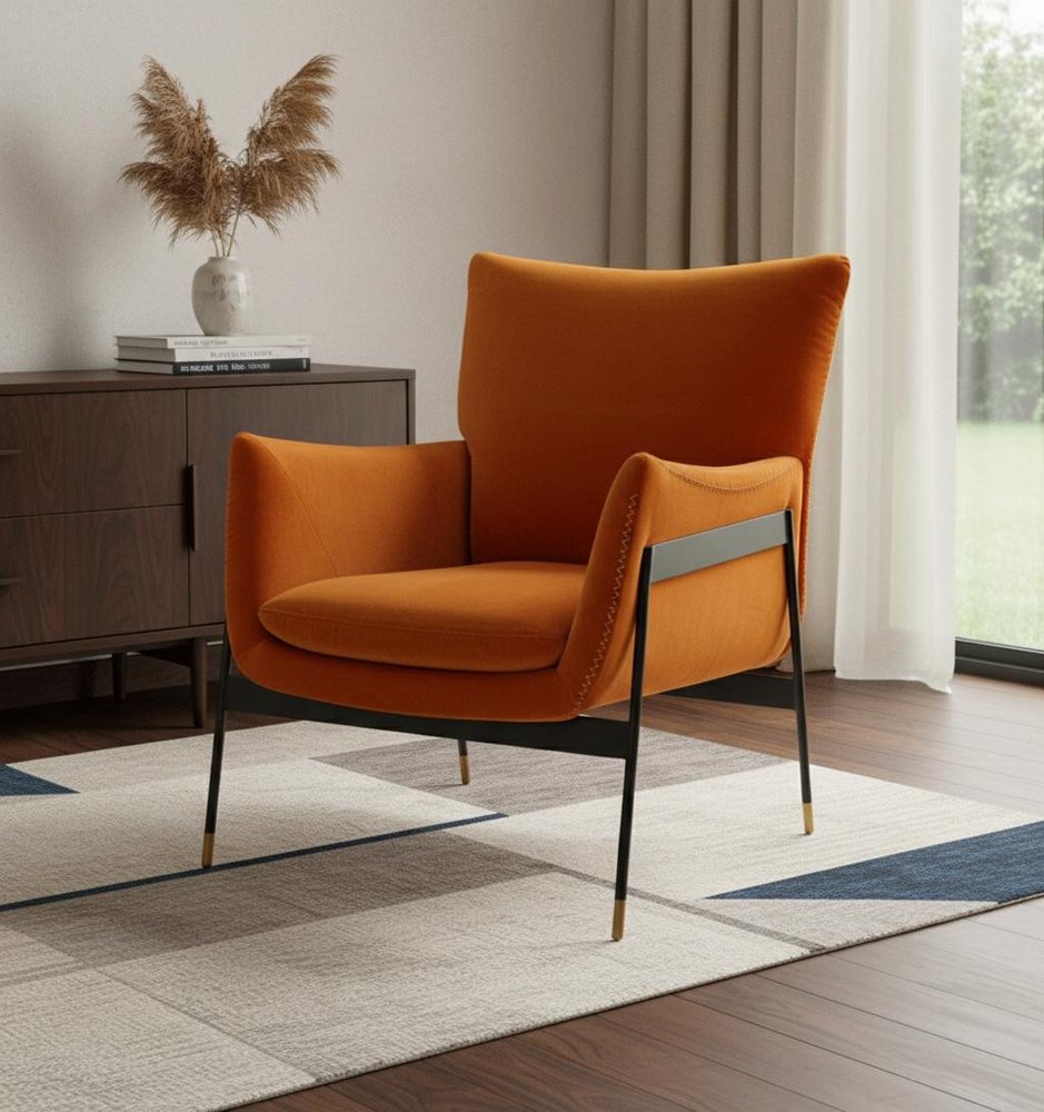 26" Orange And Black Velvet Wingback Chair HomeRoots