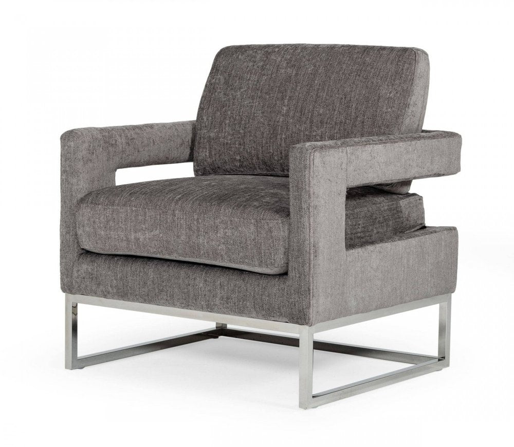 34" Dark Gray And Silver Fabric Arm Chair HomeRoots