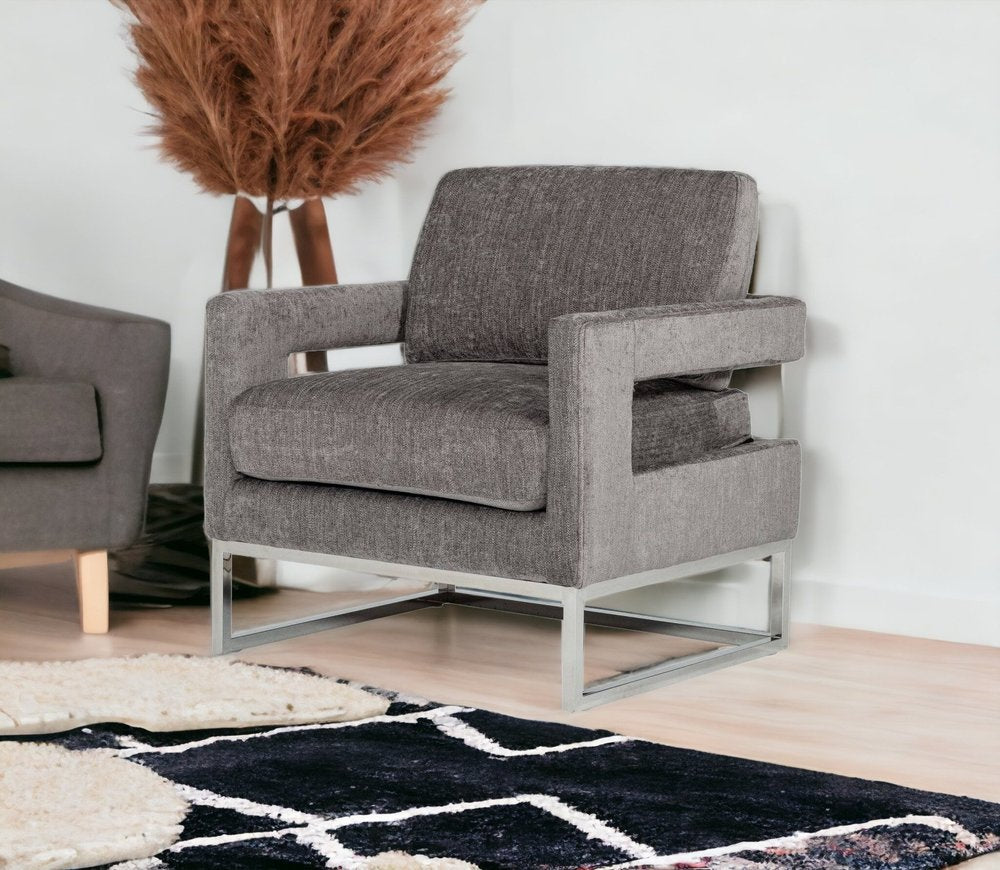 34" Dark Gray And Silver Fabric Arm Chair HomeRoots