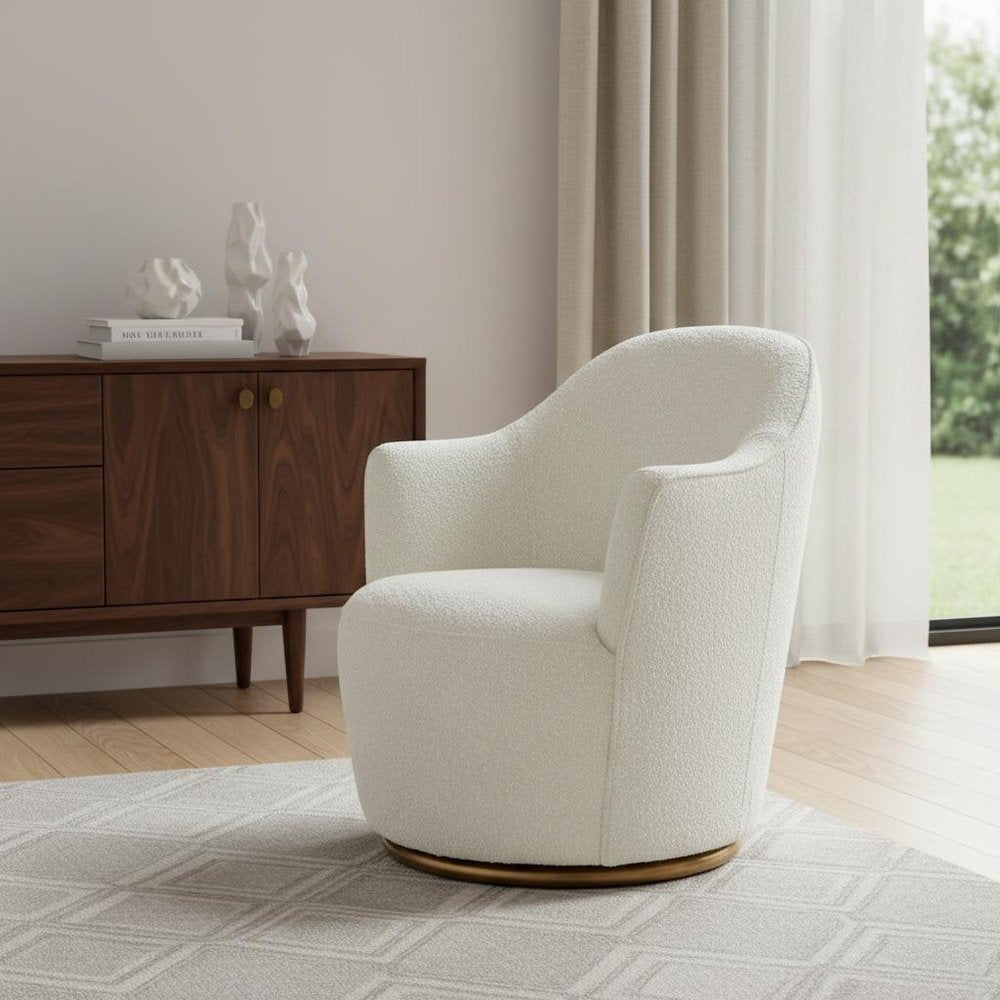29" White And Gold Upholstered Swivel Barrel Chair HomeRoots