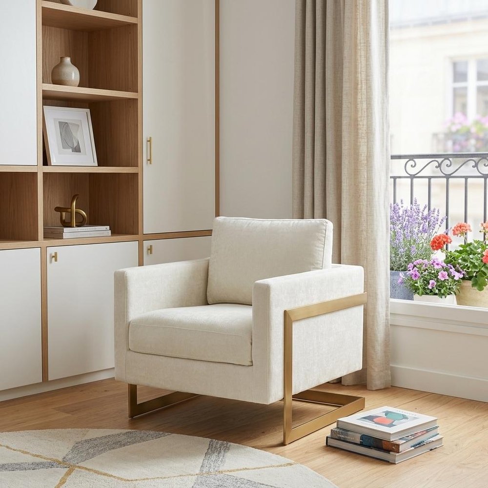 34" Cream And Gold Upholstered Arm Chair HomeRoots