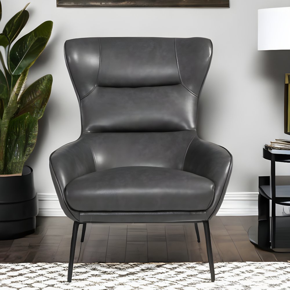 26" Dark Gray And Black Faux Leather Tufted Wingback Chair HomeRoots
