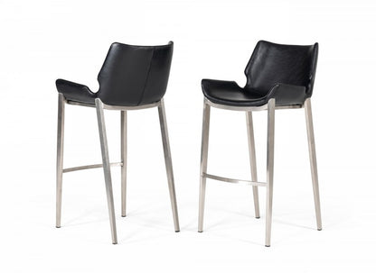 Set of Two 30" Black And Silver Faux Leather And Faux Leather And Steel Low Back Bar Height Bar Chairs HomeRoots