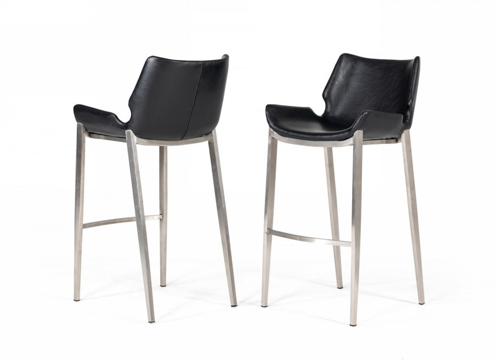 Set of Two 30" Black And Silver Faux Leather And Steel Low Back Bar Height Bar Chairs HomeRoots