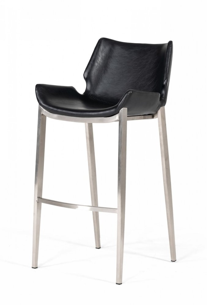 Set of Two 30" Black And Silver Faux Leather And Faux Leather And Steel Low Back Bar Height Bar Chairs HomeRoots