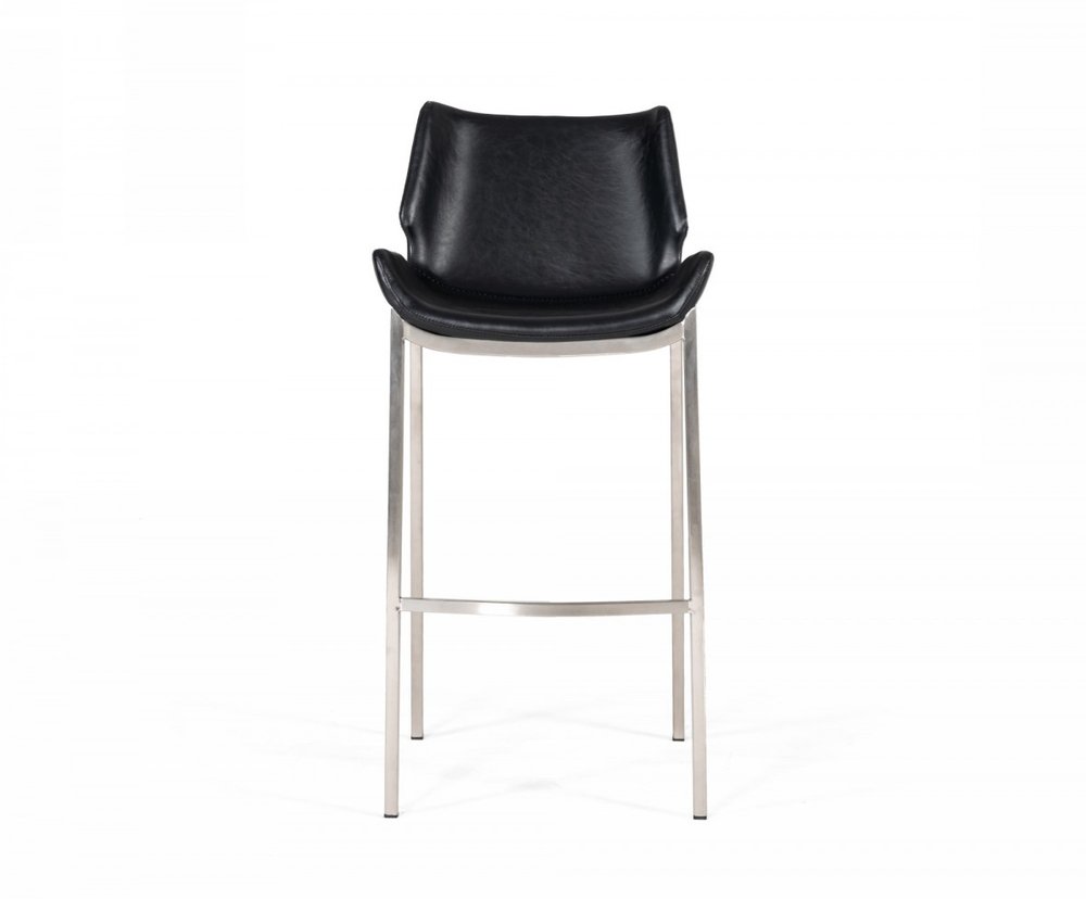 Set of Two 30" Black And Silver Faux Leather And Faux Leather And Steel Low Back Bar Height Bar Chairs HomeRoots
