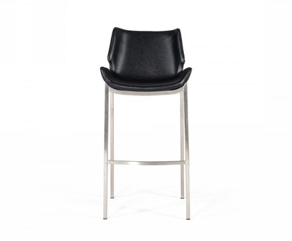 Set of Two 30" Black And Silver Faux Leather And Faux Leather And Steel Low Back Bar Height Bar Chairs HomeRoots