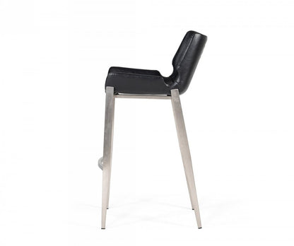 Set of Two 30" Black And Silver Faux Leather And Faux Leather And Steel Low Back Bar Height Bar Chairs HomeRoots