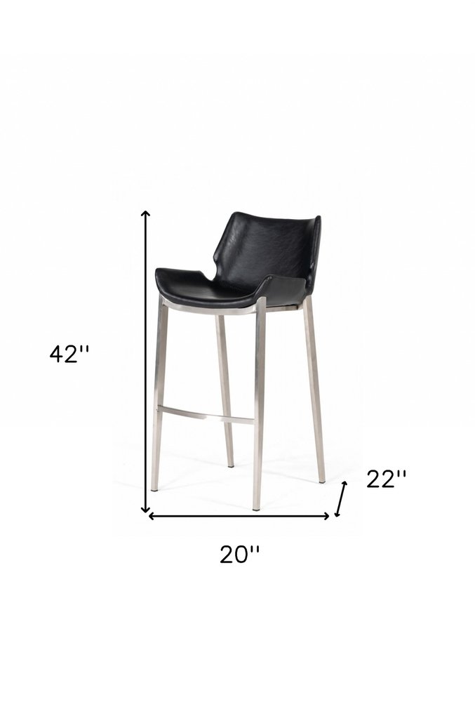 Set of Two 30" Black And Silver Faux Leather And Faux Leather And Steel Low Back Bar Height Bar Chairs HomeRoots