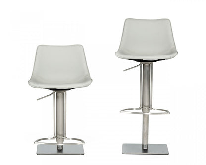 29" Light Gray And Silver Faux Leather And Stainless Steel Swivel Low Back Bar Height Bar Chair