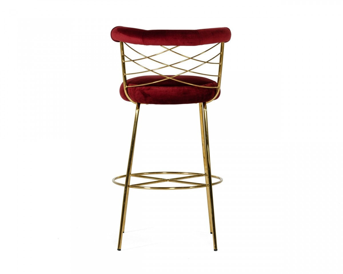 30" Red And Gold Velvet And Steel Low Back Bar Height Bar Chair