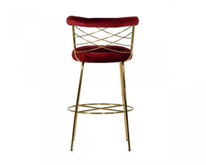 30" Red And Gold Velvet And Steel Low Back Bar Height Bar Chair