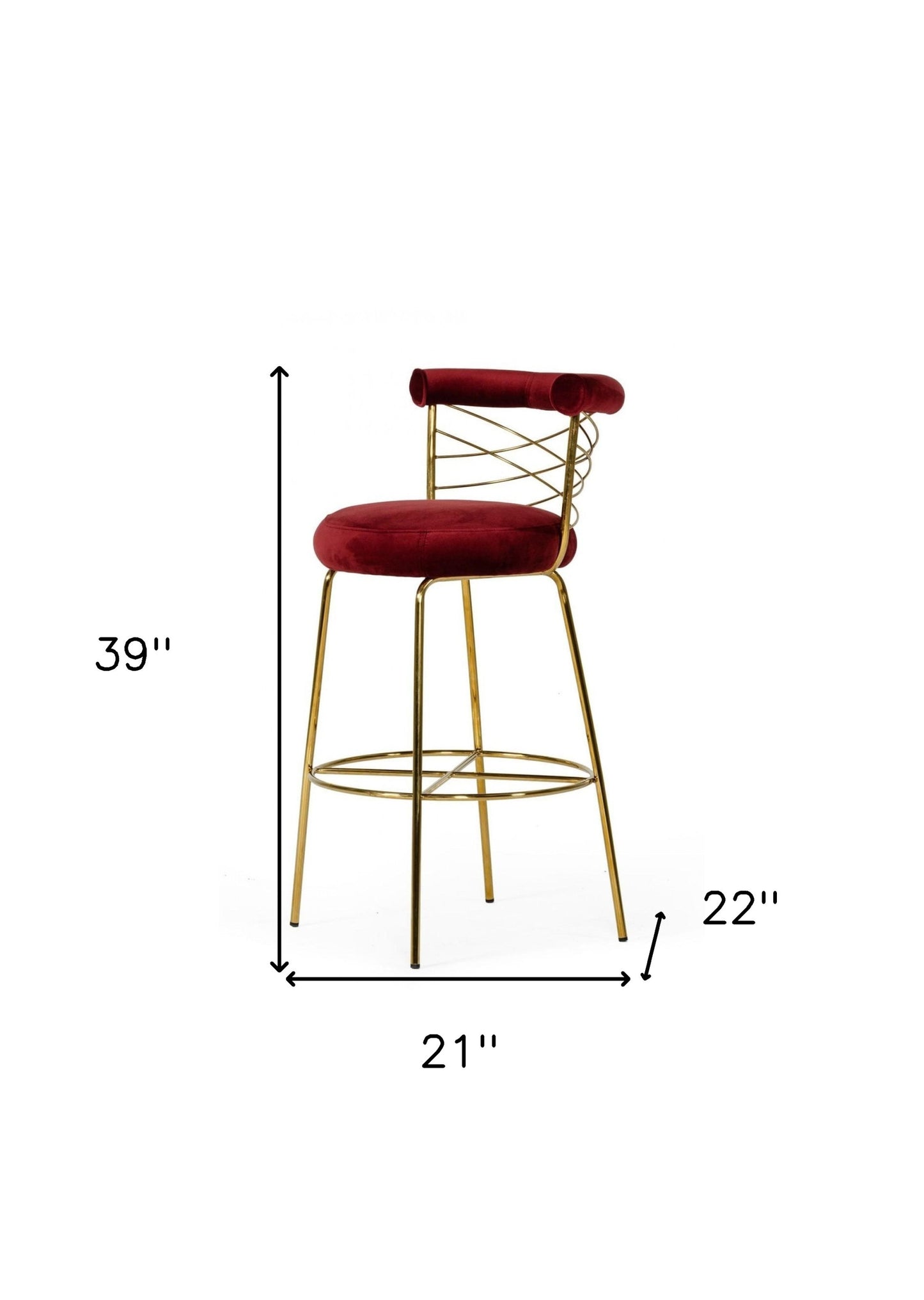 30" Red And Gold Velvet And Steel Low Back Bar Height Bar Chair