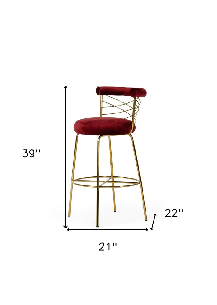 30" Red And Gold Velvet And Steel Low Back Bar Height Bar Chair HomeRoots
