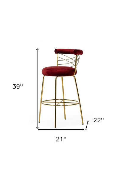30" Red And Gold Velvet And Steel Low Back Bar Height Bar Chair HomeRoots