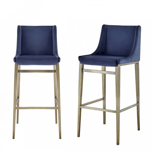 Set of Two 31" Blue And Silver Velvet And Steel Bar Height Bar Chairs