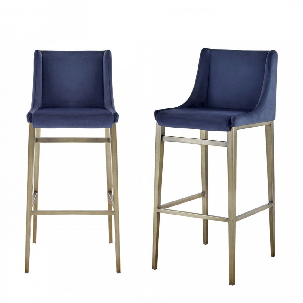 Set of Two 31" Blue And Silver Velvet And Steel Bar Height Bar Chairs HomeRoots