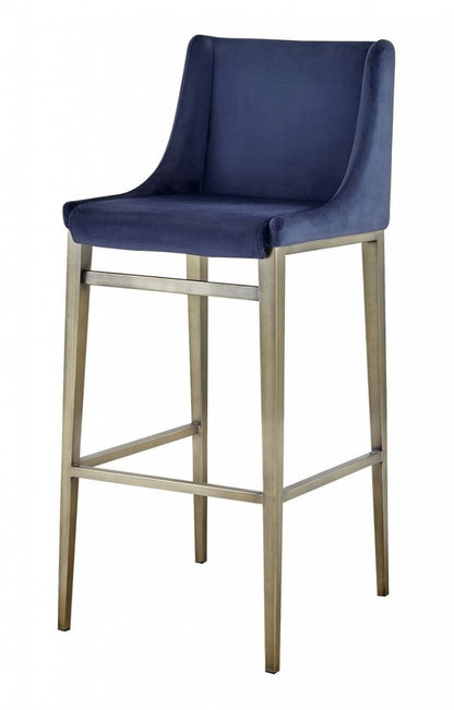 Set of Two 31" Blue And Silver Velvet And Steel Bar Height Bar Chairs HomeRoots