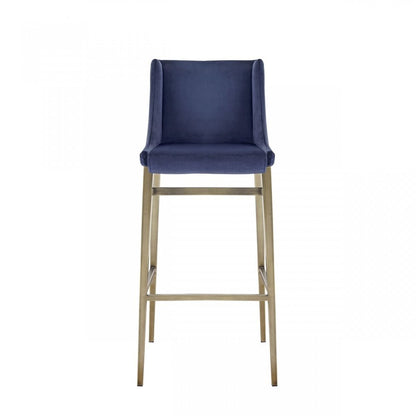 Set of Two 31" Blue And Silver Velvet And Steel Bar Height Bar Chairs HomeRoots