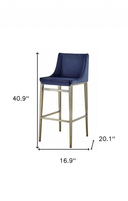 Set of Two 31" Blue And Silver Velvet And Steel Bar Height Bar Chairs HomeRoots