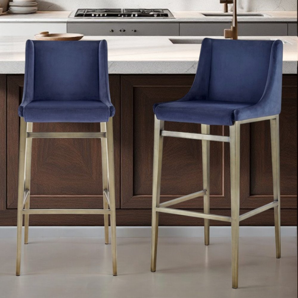 Set of Two 31" Blue And Silver Velvet And Steel Bar Height Bar Chairs HomeRoots