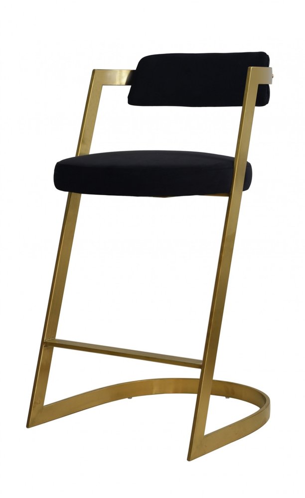26" Black and Gold Velvet and Stainless Steel Low Back Counter Height Bar Chair HomeRoots