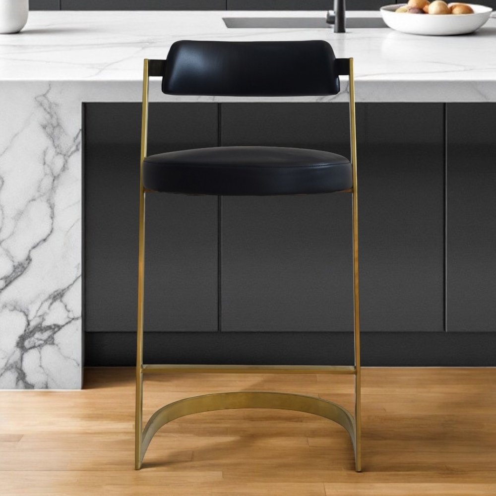 26" Black And Gold Faux Leather And Steel Low Back Counter Height Bar Chair HomeRoots