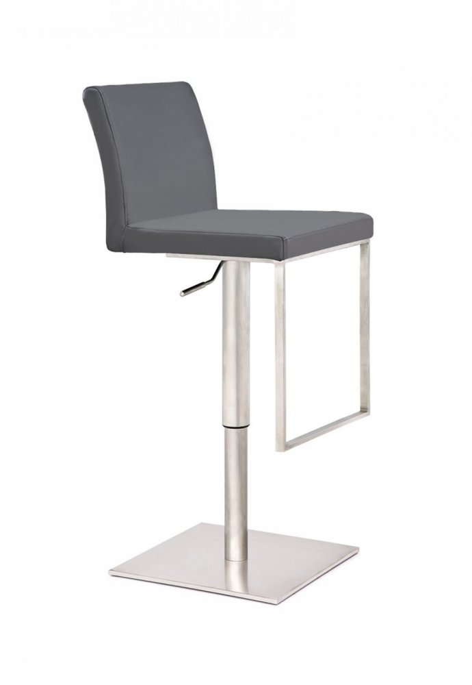 37" Gray And Silver Faux Leather And Stainless Steel Swivel Low Back Adjustable Height Bar Chair HomeRoots