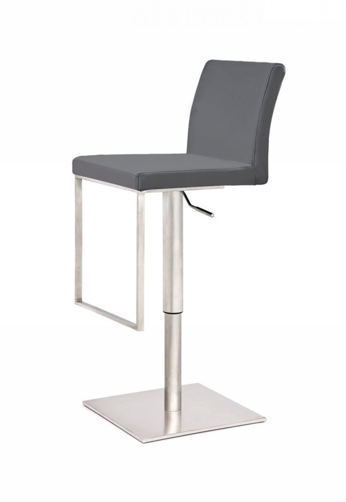 37" Gray And Silver Faux Leather And Stainless Steel Swivel Low Back Adjustable Height Bar Chair HomeRoots