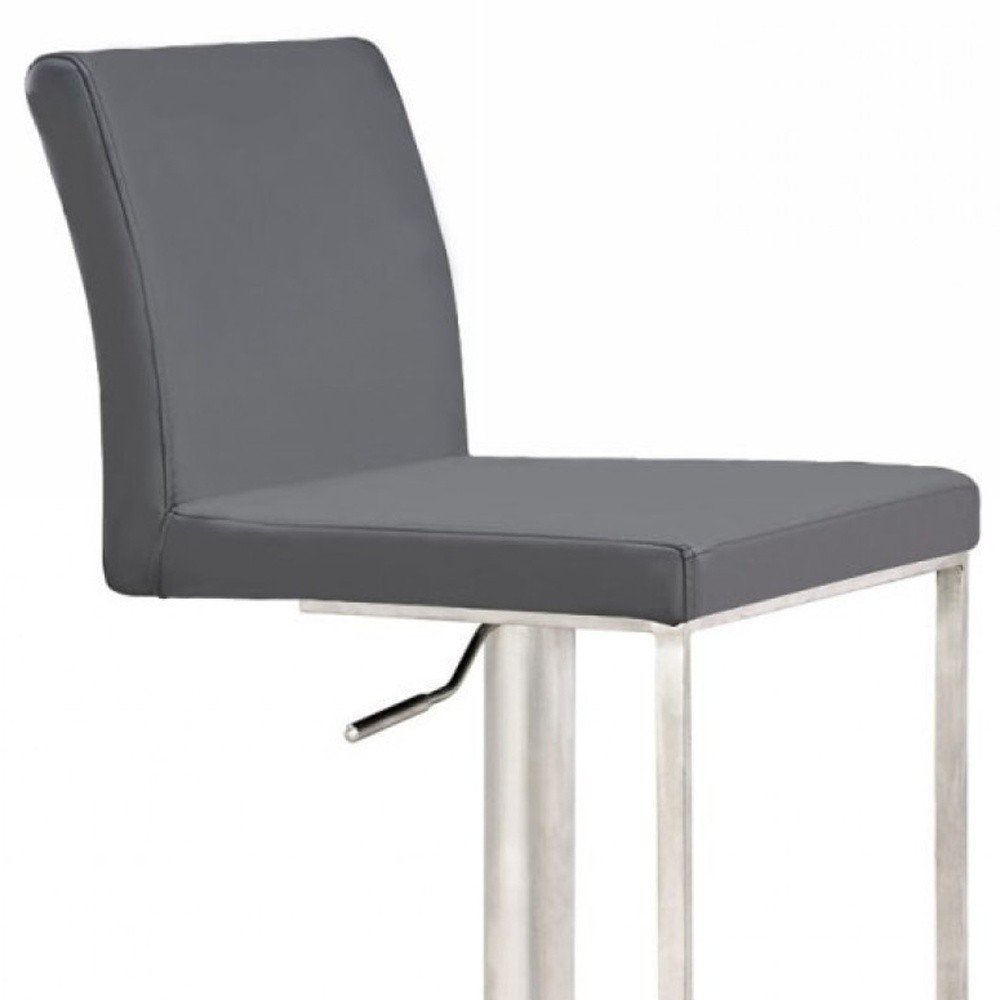 37" Gray And Silver Faux Leather And Stainless Steel Swivel Low Back Adjustable Height Bar Chair HomeRoots