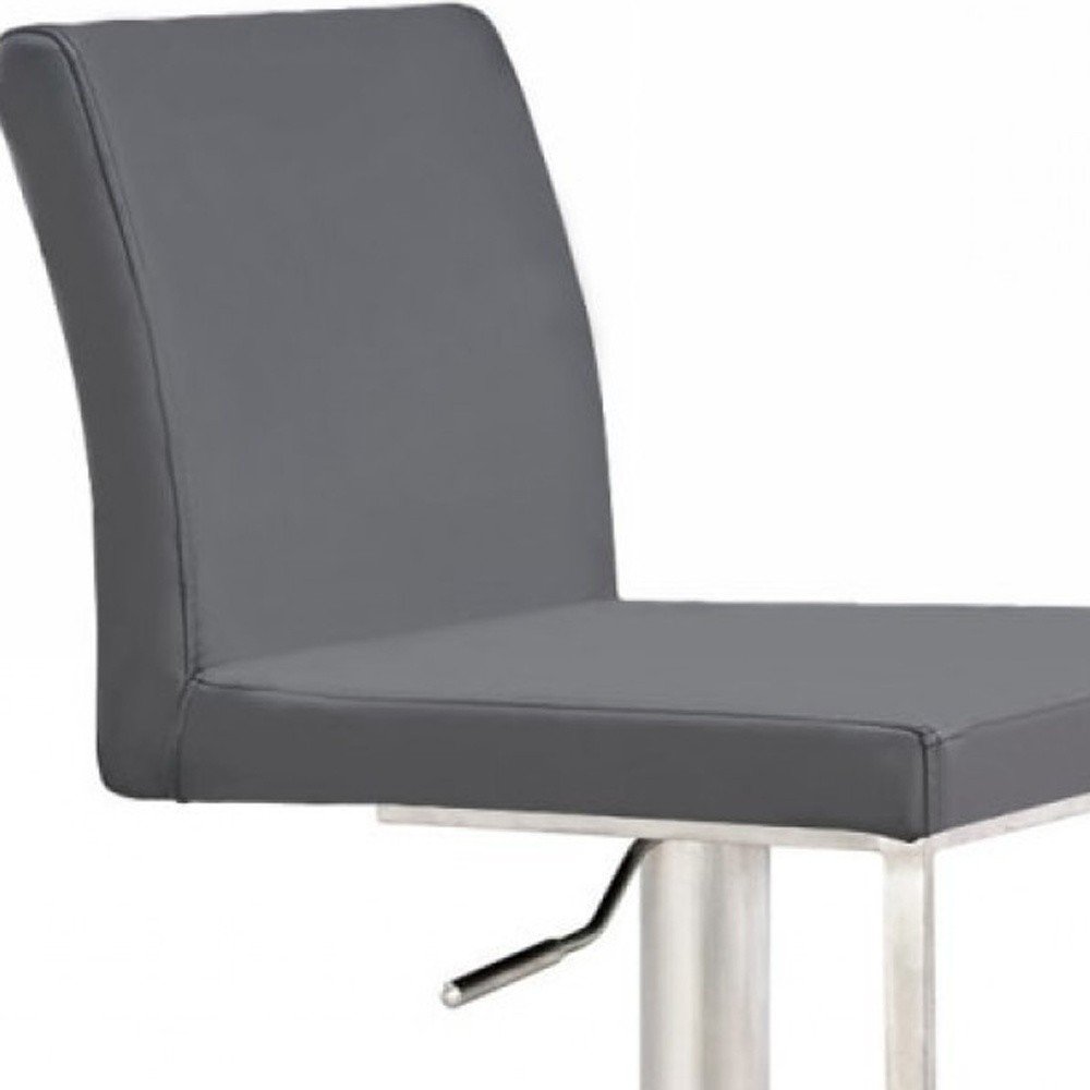 37" Gray And Silver Faux Leather And Stainless Steel Swivel Low Back Adjustable Height Bar Chair HomeRoots